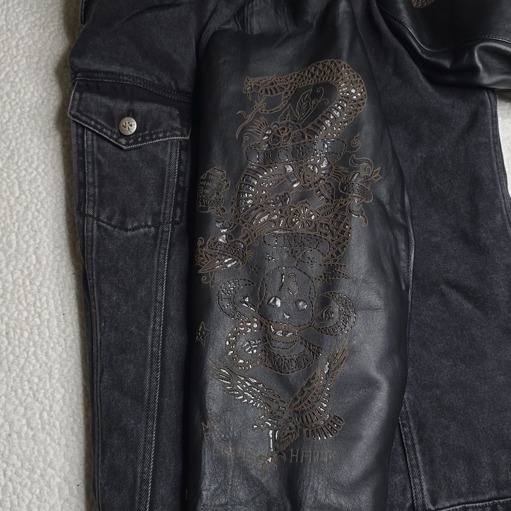 John Richmond - Denim and Laser Cut Leather Jacket in Black Large - Picture 11 of 16